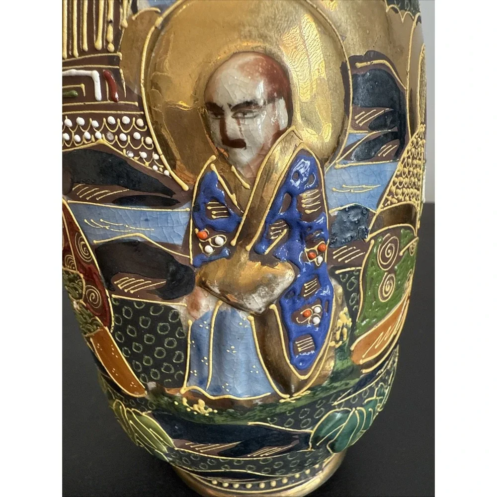 Antique Japanese Intricate Raised Enamel Moriage Satsuma Vase 6 Immortals Dragon